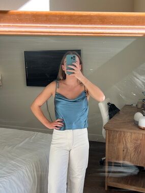 Princess Polly Teal Satin Cowl Neck Tie-Strap Crop Top